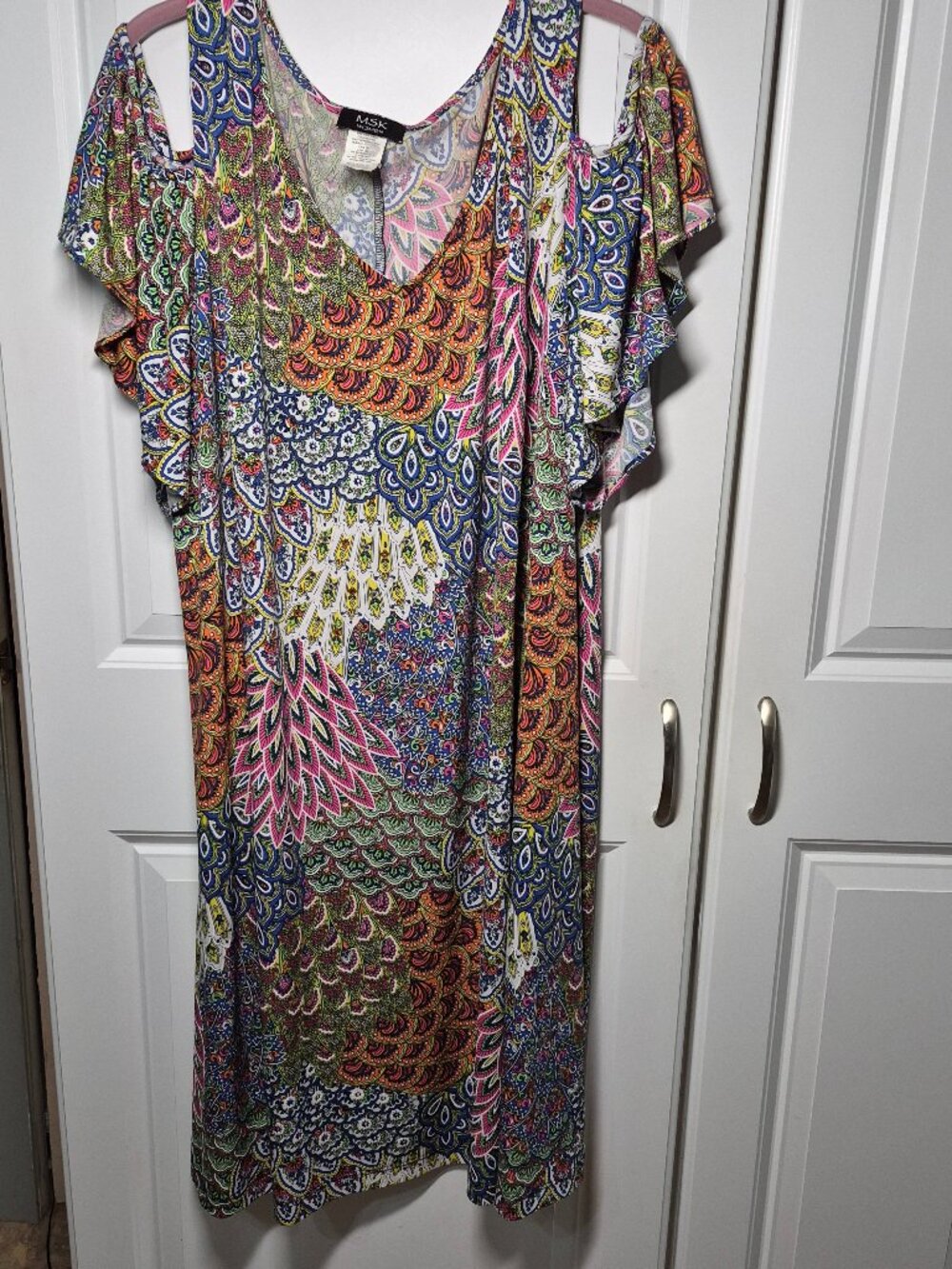 MSK Midi Dress SZ 3X Cold Shoulder Multicolor Paisley Stretch Peacock Feathers
